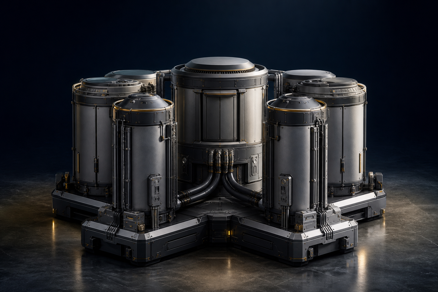 Concept render of the SIKA Core distributed clustered microreactor architecture: independent cores arranged around a shared containment module